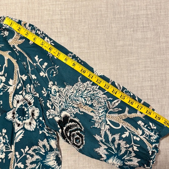 Teal Botanical Print Blouse w/Subtle Puff Sleeves – Relaxed Fit – Soft Drape - Picture 6 of 9